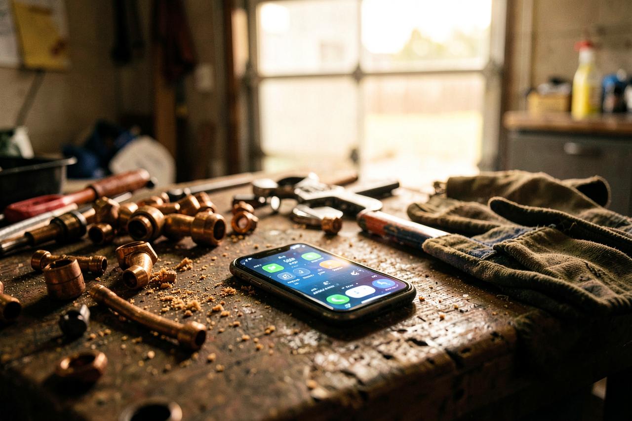 A phone ringing unanswered on a contractor's workbench next to copper fittings and work gloves